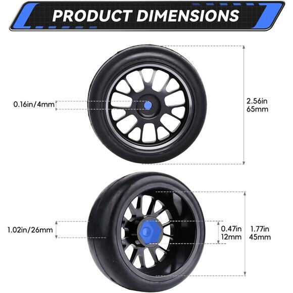 PreGlued Aluminum 12mm Hex RC Wheels and Tires OD 2.56 for 1/10 Drift Car - Picture 3 of 10